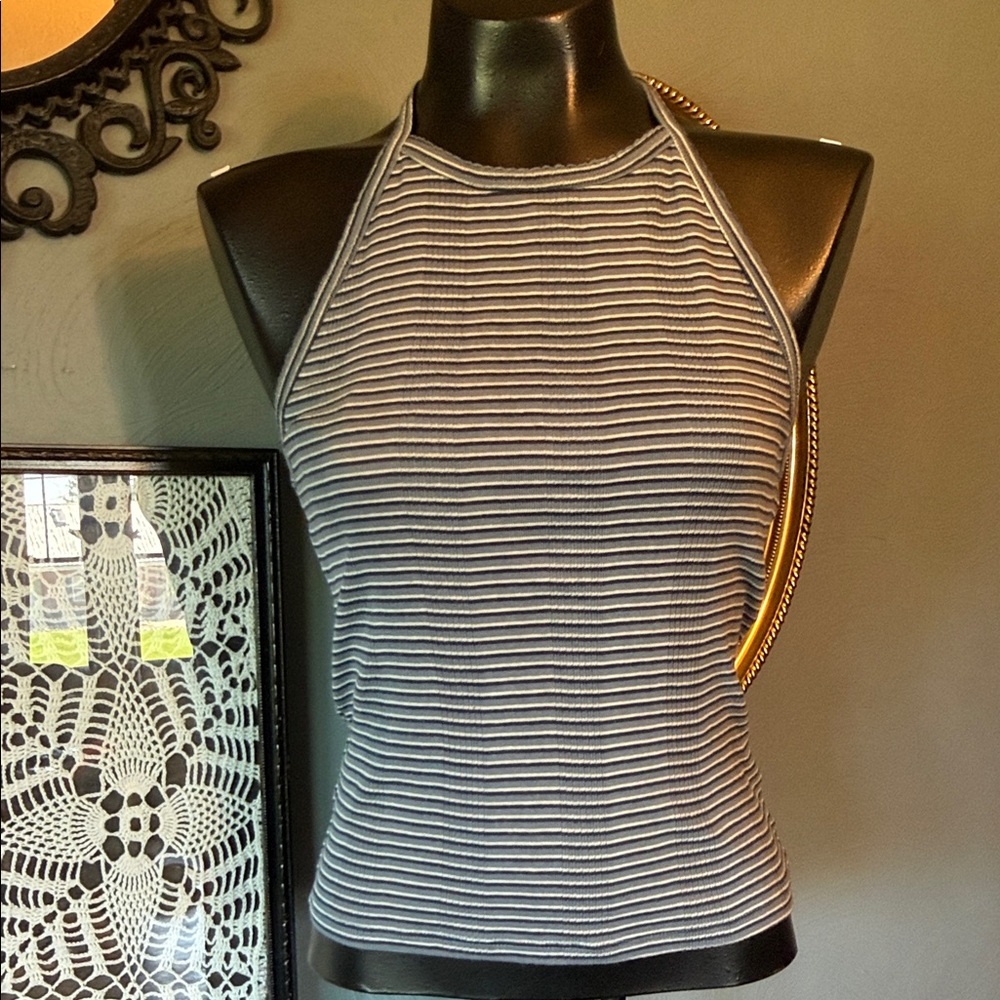 American Eagle Outfitters Striped Halter Tank Top in Black and White